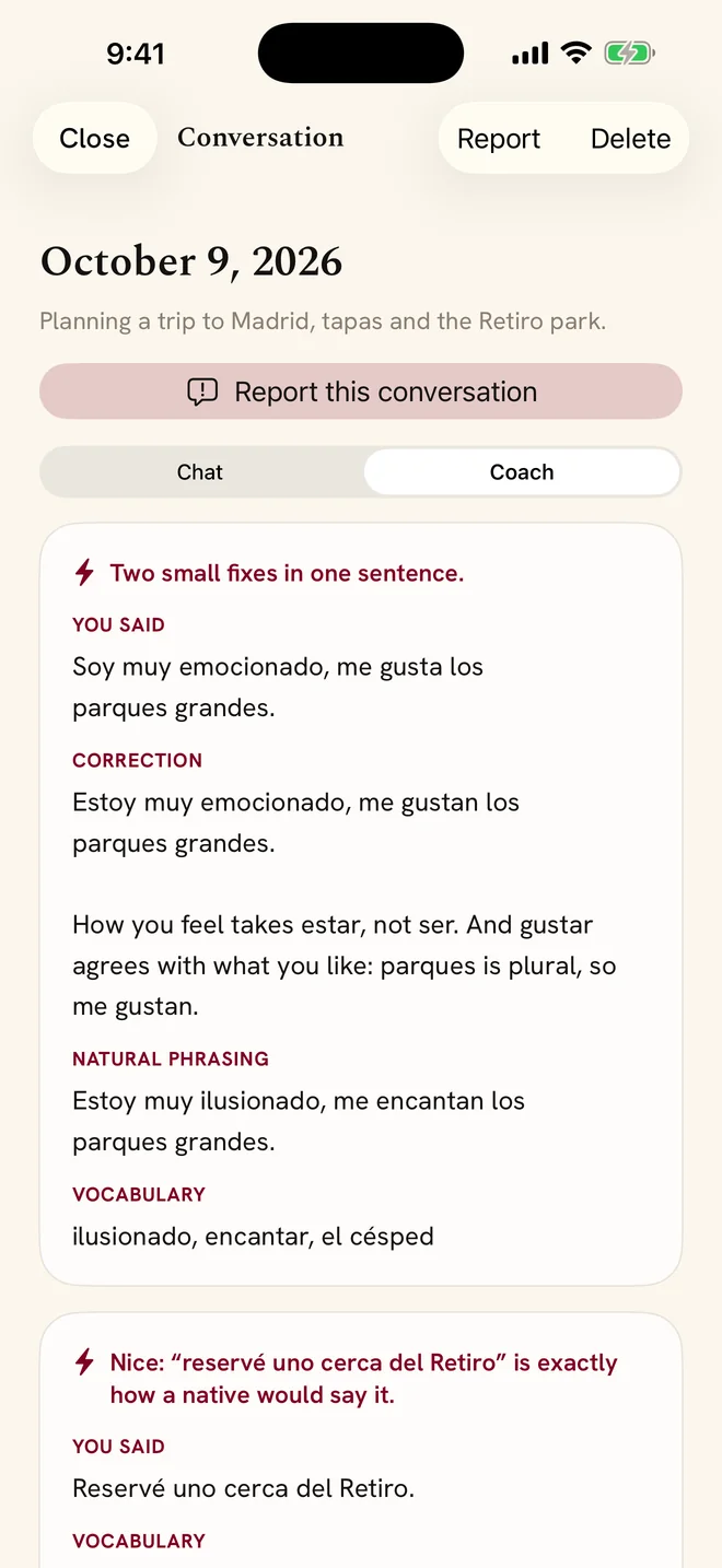 The Coach tab of a past conversation: a correction with an explanation in English, a more natural phrasing and vocabulary.