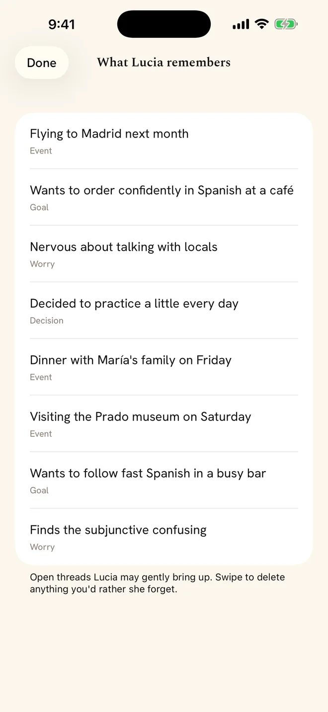 The What Lucia remembers screen: open threads such as a trip to Madrid and a goal to order in Spanish, each marked Event, Goal, Worry or Decision.